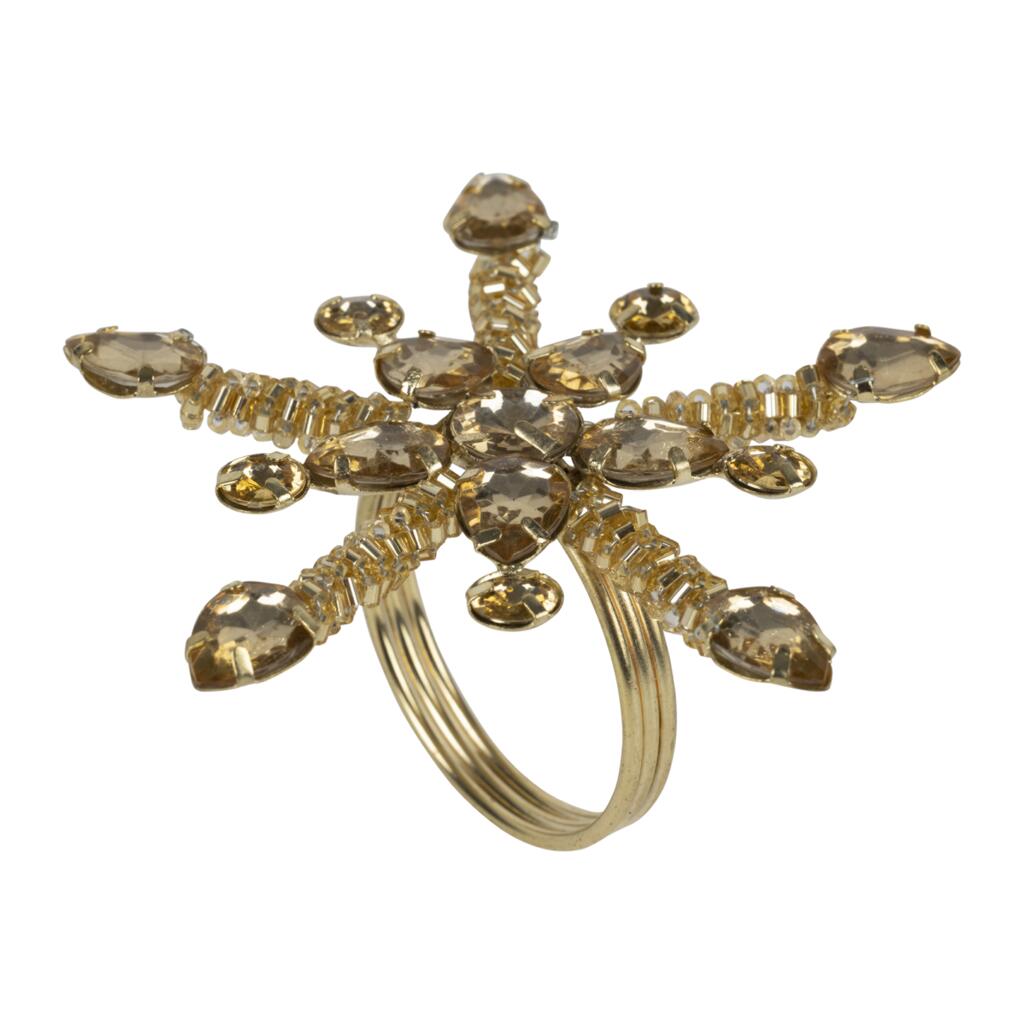 Anel para guardanapo Flocon dourado, conj c/4 - 3,5 cm de diâmetro, contas de vidro e ferro.