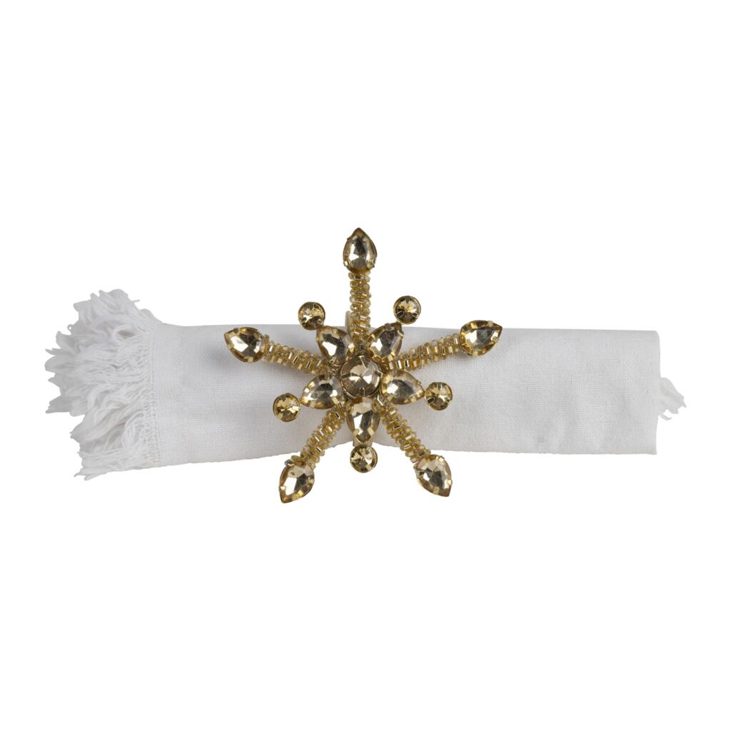 Anel para guardanapo Flocon dourado, conj c/4 - 3,5 cm de diâmetro, contas de vidro e ferro.