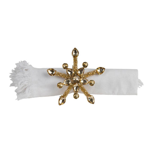 Anel para guardanapo Flocon dourado, conj c/4 - 3,5 cm de diâmetro, contas de vidro e ferro.