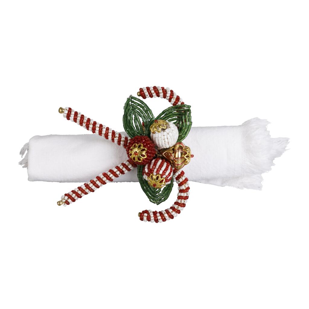 Anel de guardanapo Sucre d'Orge vermelho e verde, diâmetro conj de 4 - 3,5 cm, contas e ferro.CONJ C/6 UND