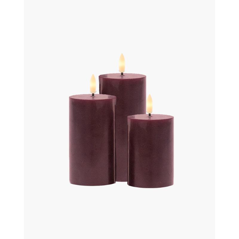 Conj. 3 Velas Bordeaux LED, Ø7,5xH10/12,5/15cm