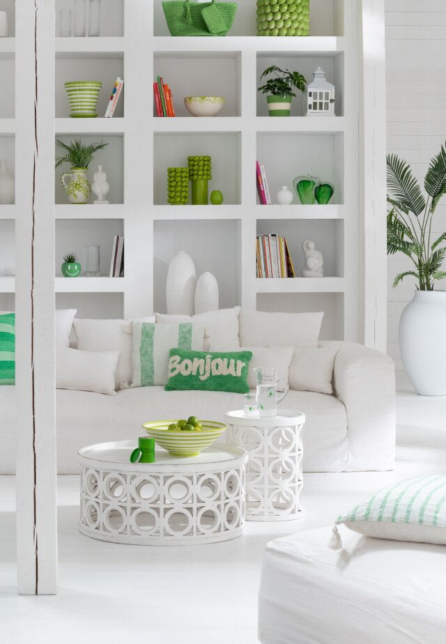 Almofada Bonjour em algodão tufado verde/branco