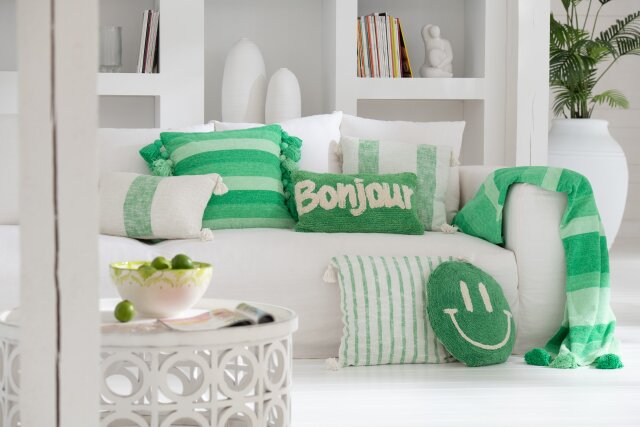 Almofada Bonjour em algodão tufado verde/branco