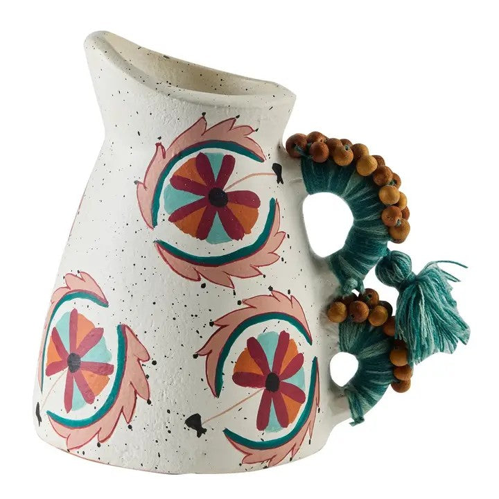 QUE TAL - VASO EM TERRACOTA COM ALÇA E APLICAÇÕES EM TECIDO