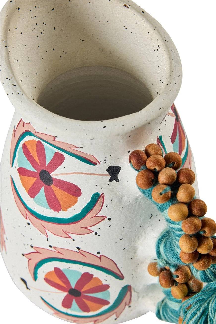 QUE TAL - VASO EM TERRACOTA COM ALÇA E APLICAÇÕES EM TECIDO