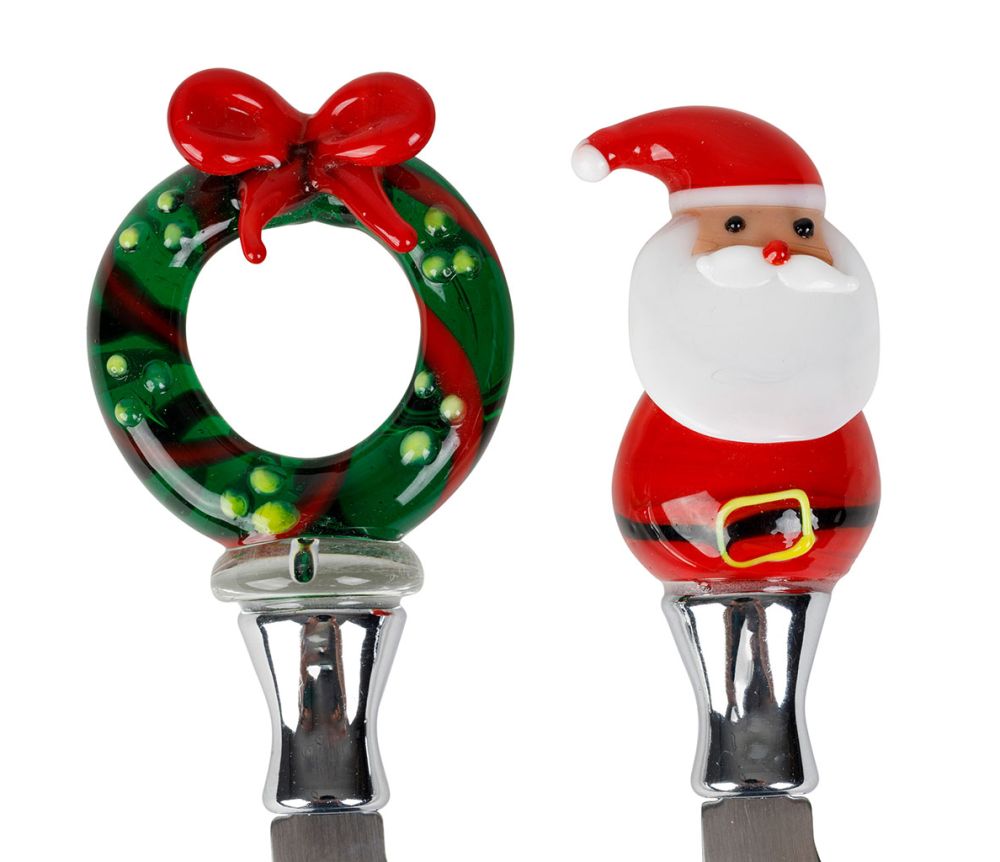 Faca de manteiga x2 Natal vermelha + verde 11cm de comprimento vidro