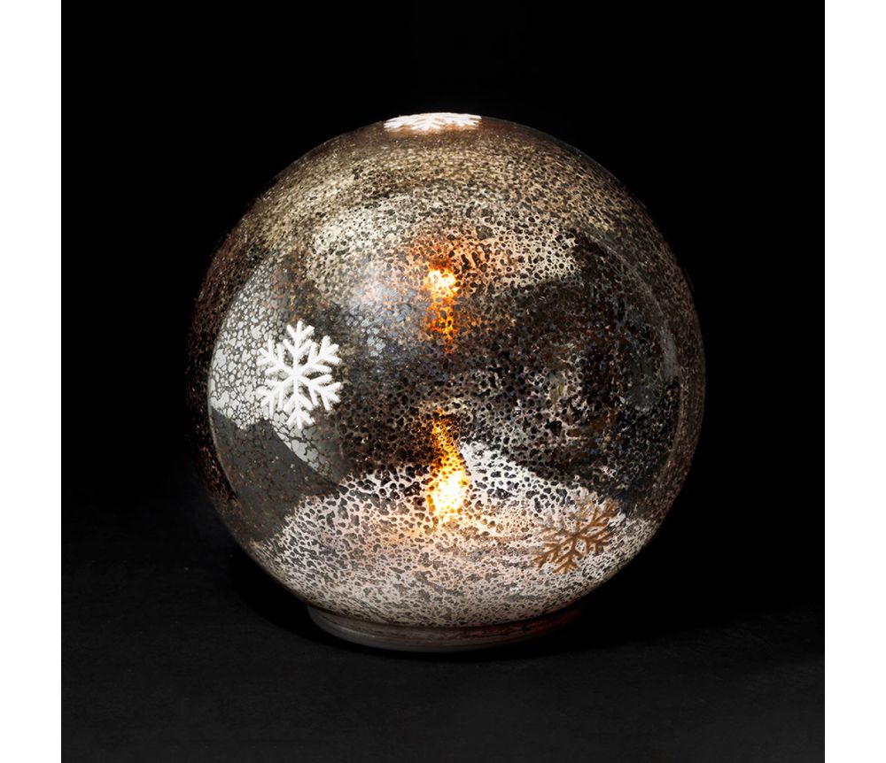 Bola de decoração LED piscante prateada em forma de floco de neve, 12 cm de diâmetro.