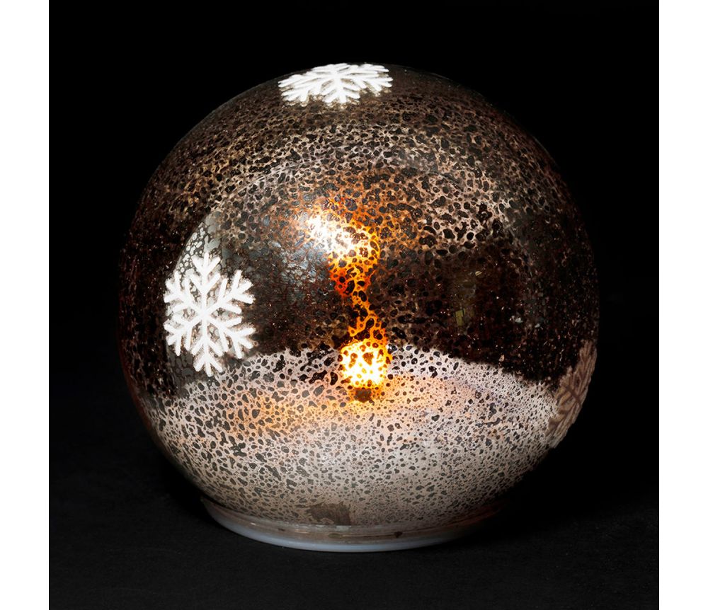 Bola de floco de neve prateada com decoração LED piscante, 15 cm de diâmetro.