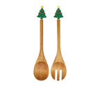 Conjunto de talheres para salada (2 unidades), com design de árvore de Natal em tons naturais e verdes, 35 cm de comprimento.