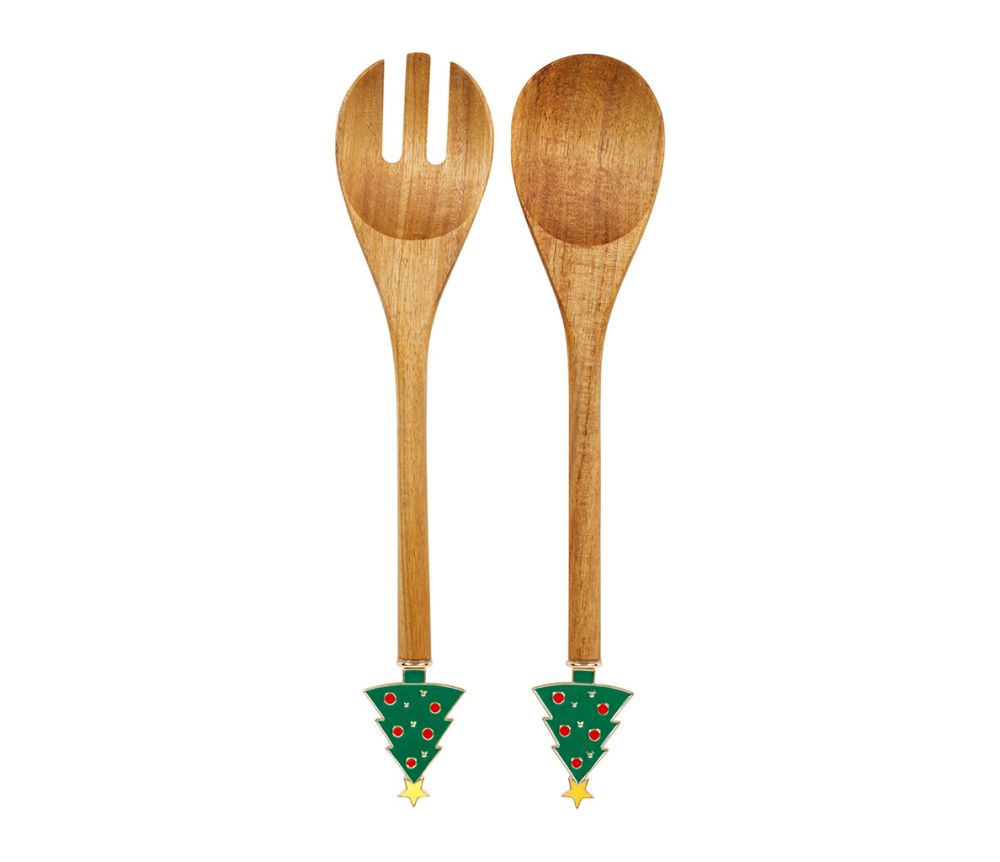 Conjunto de talheres para salada (2 unidades), com design de árvore de Natal em tons naturais e verdes, 35 cm de comprimento.