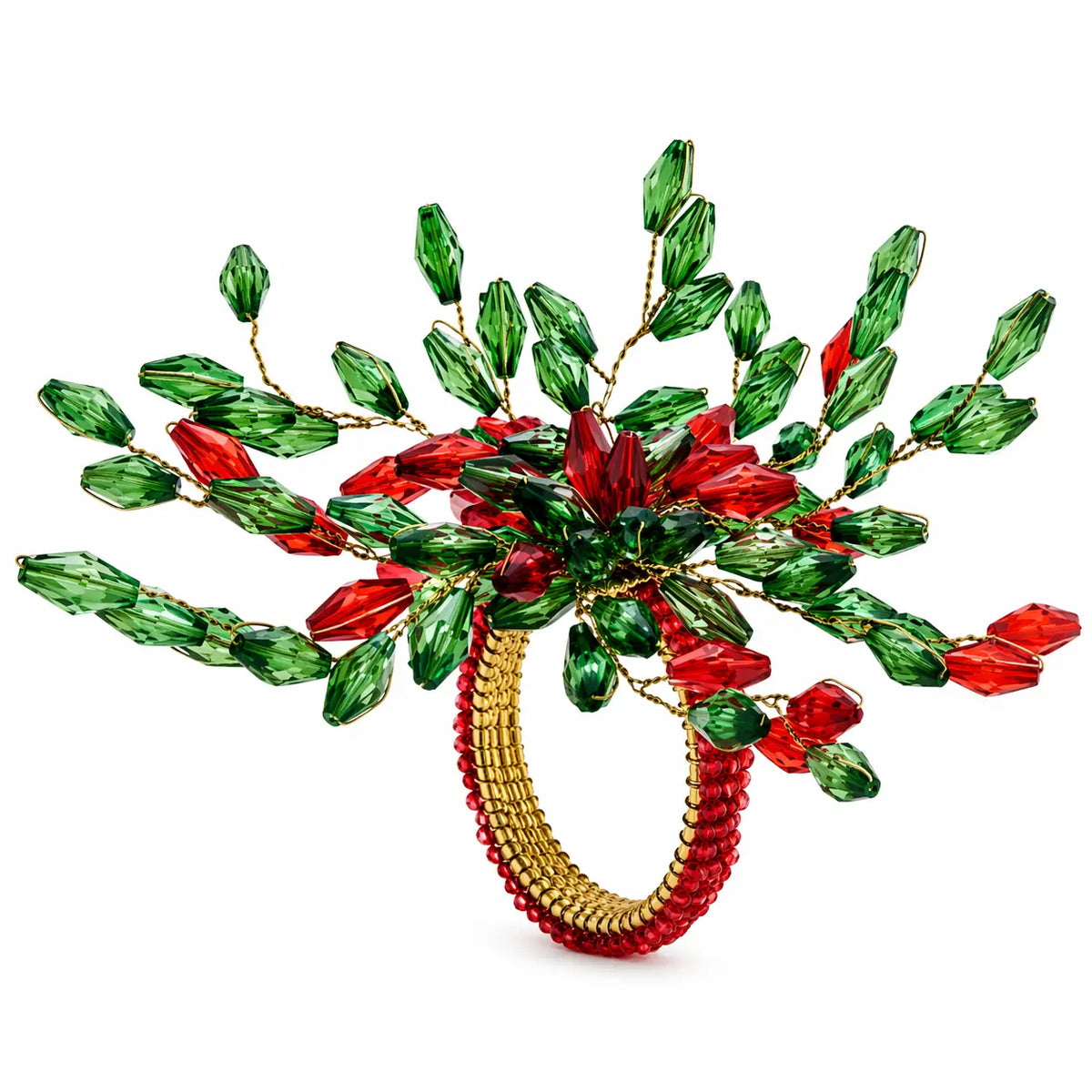 Argola para Guardanapo com Flor de Miçangas Vermelha e Verde c/4 unds