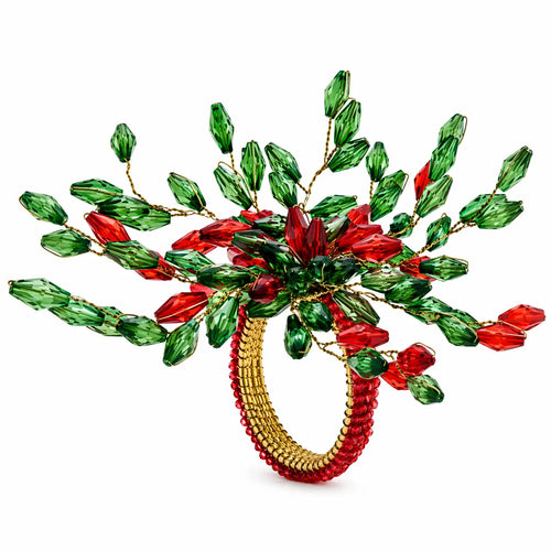 Argola para Guardanapo com Flor de Miçangas Vermelha e Verde c/4 unds
