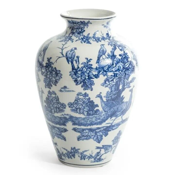 Vaso de cerâmica branco e azul com tema de aves tropicais