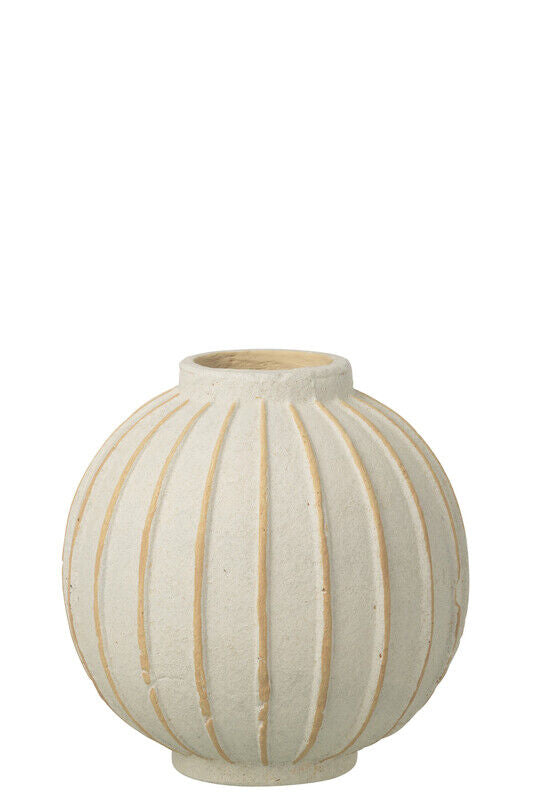 Small, striped, off-white/beige terracotta ball-shaped vase