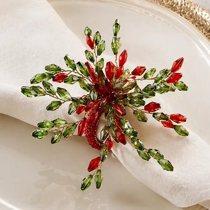 Argola para Guardanapo com Flor de Miçangas Vermelha e Verde c/4 unds