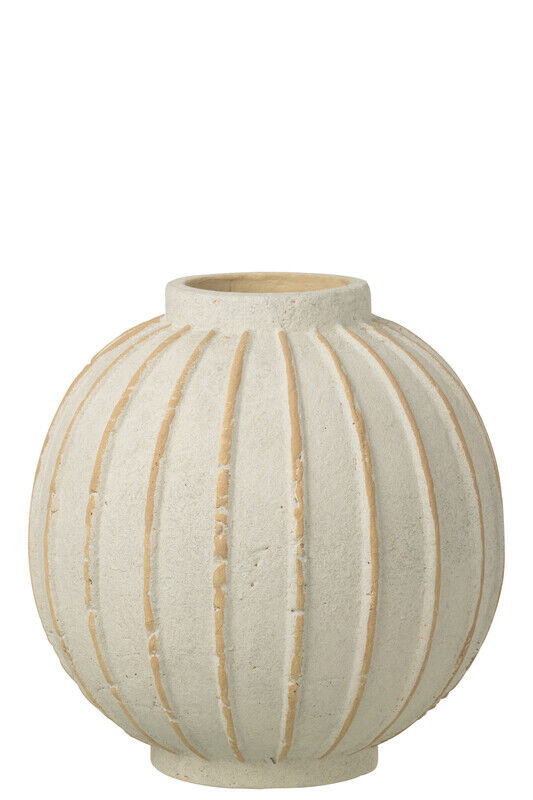 Vaso grande de terracota listrado em formato de bola, branco-sujo/bege