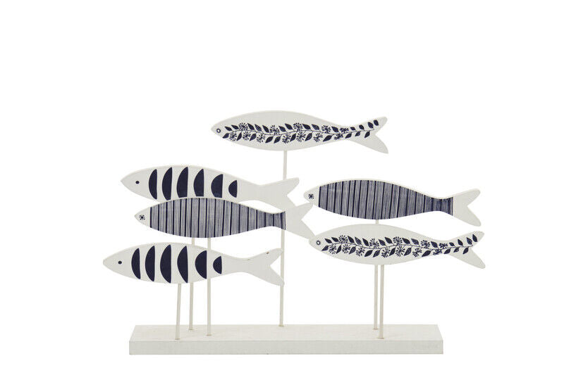 Peixe sobre base com padrão misto em MDF azul/branco grande