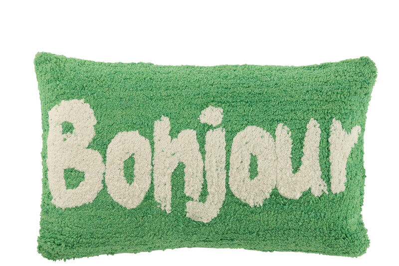 Almofada Bonjour em algodão tufado verde/branco